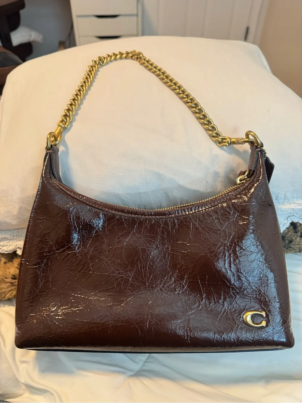 Coach Juliet  Glossy Patent Shoulder Bag in Dark Brown with Gold Chain